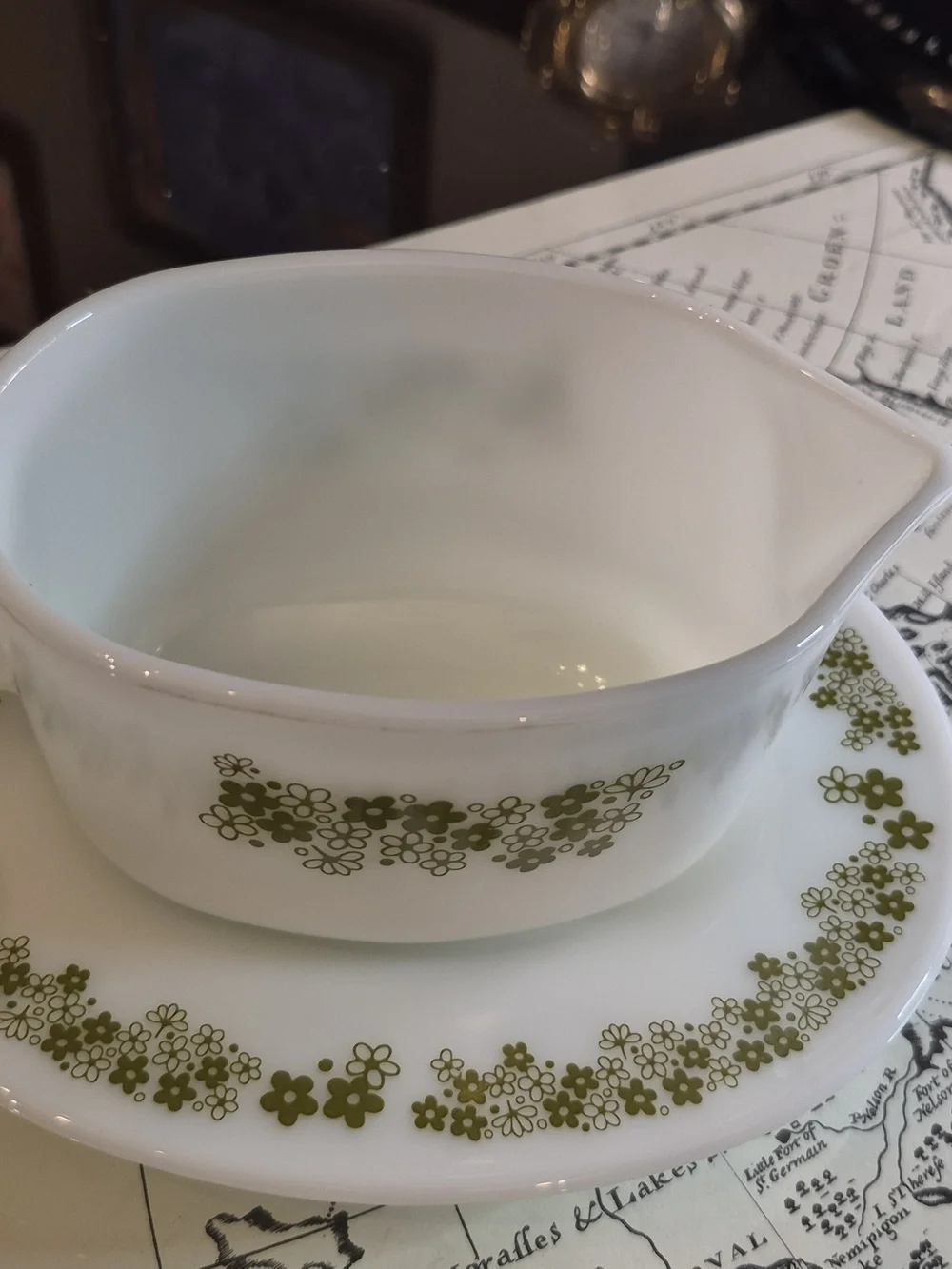 Pyrex White Milk Glass Gravy Boat with Olive Green Floral Pattern